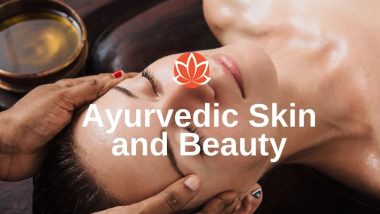 ayurvedic beauty treatment in progress with woman with closed eyes and words ayurvedic skin and beauty