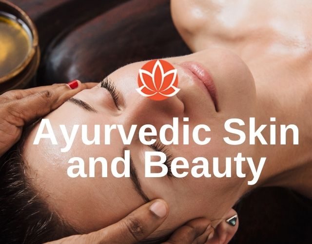 ayurvedic beauty treatment in progress with woman with closed eyes and words ayurvedic skin and beauty